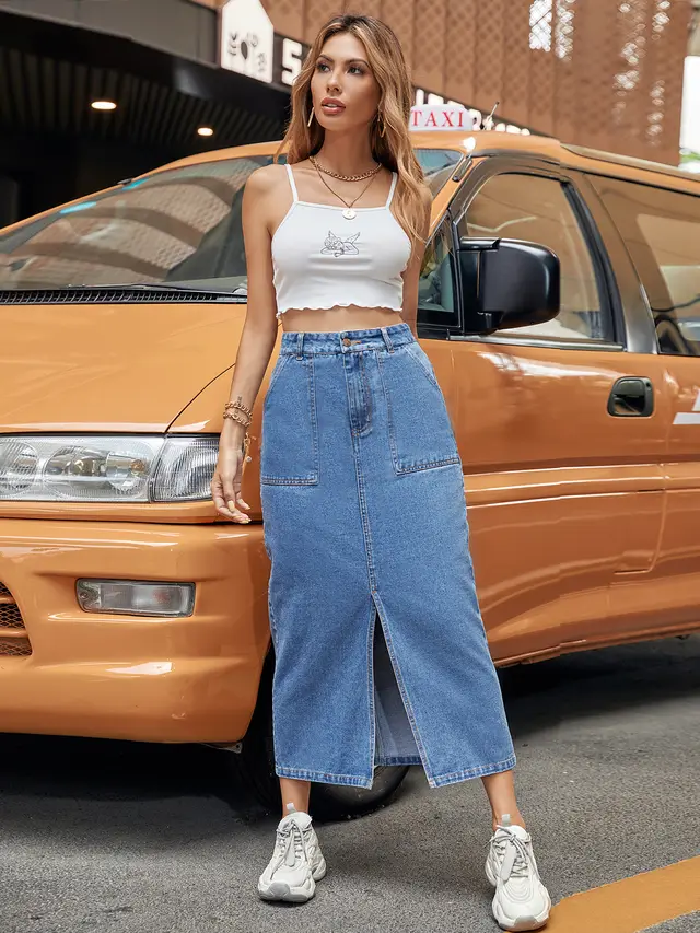 High Waist A line Slit Bag Hip Long Summer Denim Skirt Blue - Shop at LoveMi