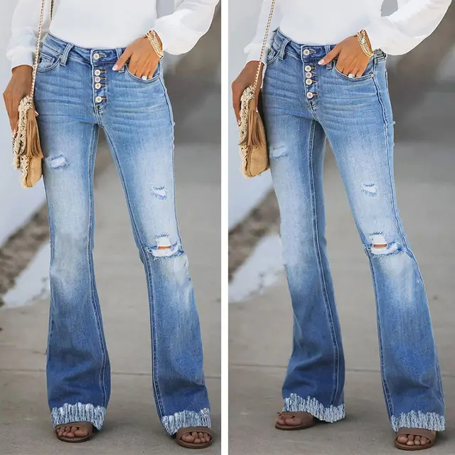 Fringed Straight Leg European And American Ripped Jeans Light Blue - Shop at LoveMi