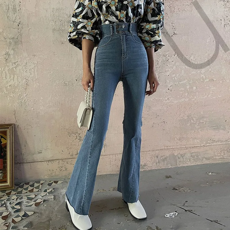 Skinny Stretch High Rise Stitching Micro Flared Jeans - Blue