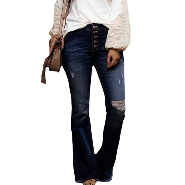 Ripped High rise Stretch Slim fit Flared Jeans Dark Blue - Shop at LoveMi