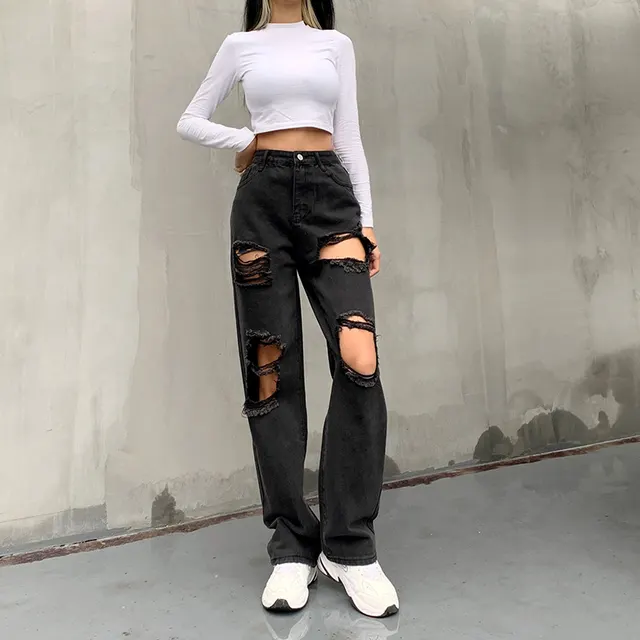 Casual Trendy Sexy Women's Jeans With Ripped Raw Edges Black - Shop at LoveMi