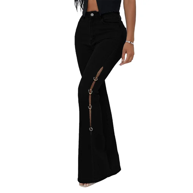 Denim Flared Pants With Metal Decoration Black - Shop at LoveMi