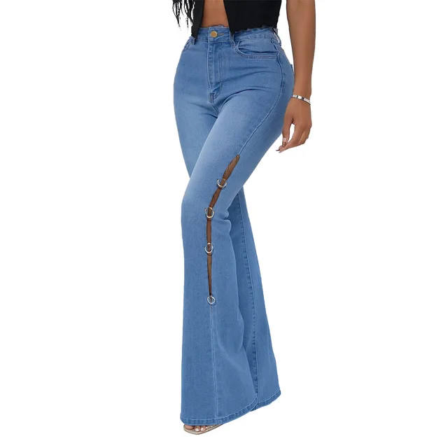 Denim Flared Pants With Metal Decoration Blue - Shop at LoveMi