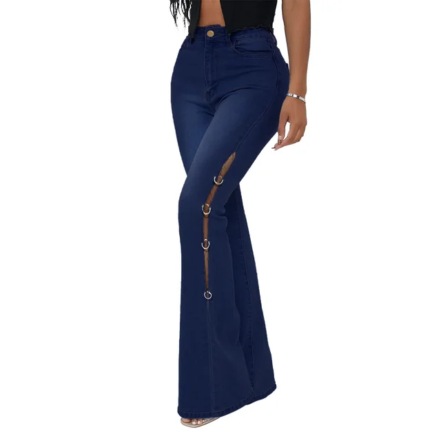 Denim Flared Pants With Metal Decoration Dark Blue - Shop at LoveMi