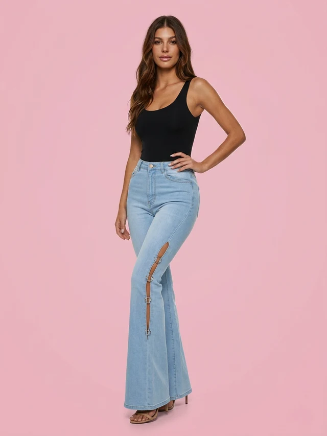 Denim Flared Pants With Metal Decoration Light Blue - Shop at LoveMi