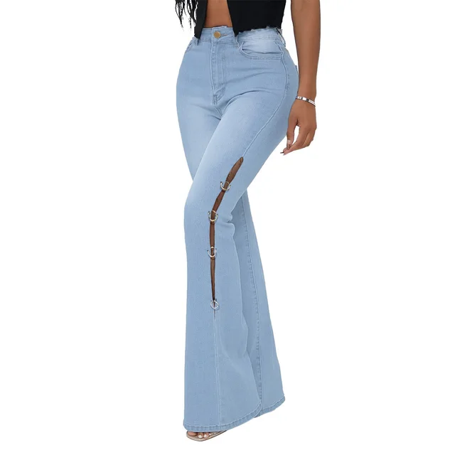 Denim Flared Pants With Metal Decoration Light Blue - Shop at LoveMi