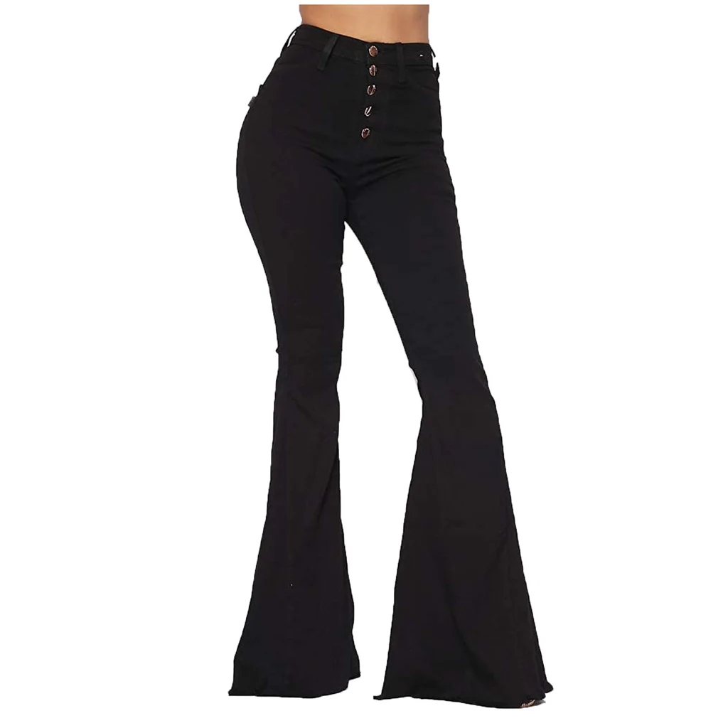 High Waist Buttoned Denim Flared Pants - Black