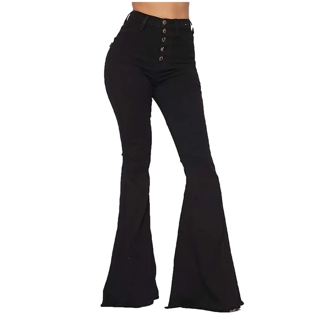 High Waist Buttoned Denim Flared Pants Black - Shop at LoveMi