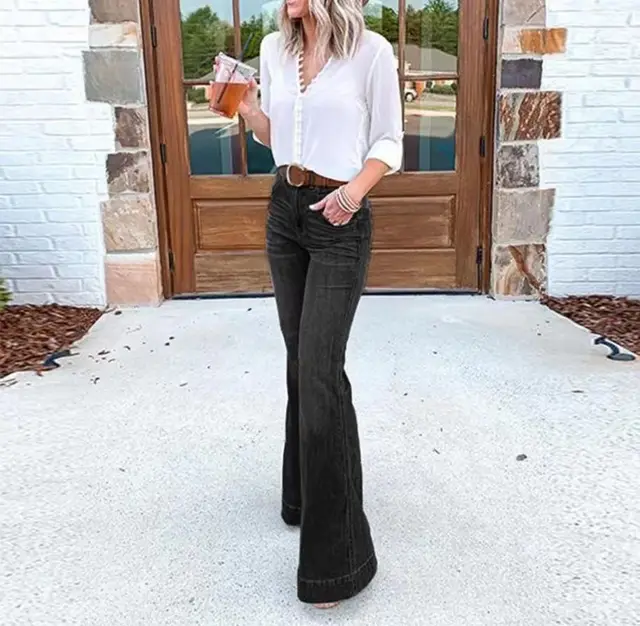 Women's Simple Flared Wide leg Denim Trousers Black - Shop at LoveMi