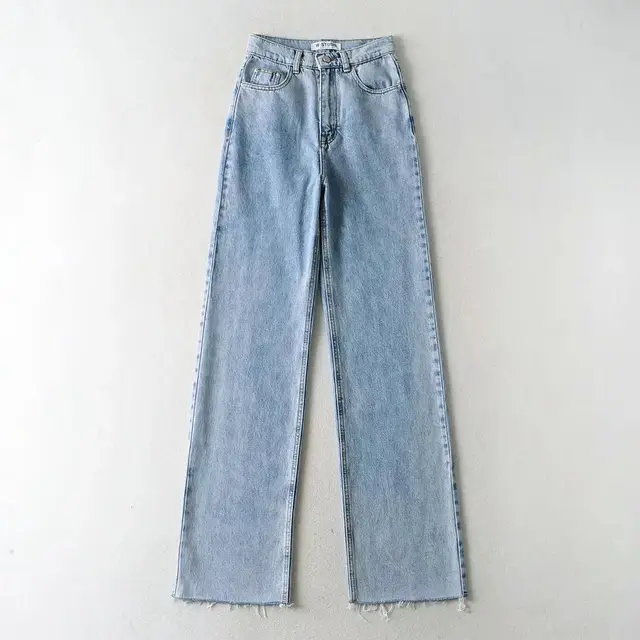 Mopping And Frayed Denim Trousers New High waisted Loose fitting Thin Straight And Wide legged Light Blue - Shop at LoveMi