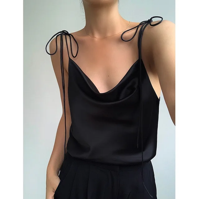 Women Wear Summer Silk And Satin Camisole With A Base Inside Black - Shop at LoveMi