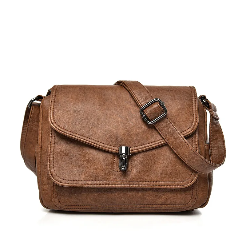 Women's Casual Three layer Pocket Large capacity Leather Shoulder Bag Brown - Shop at LoveMi
