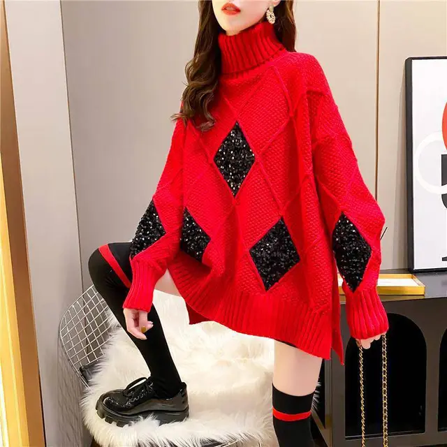 Women's Padded Turtleneck Sweater Loose Western Style Red - Shop at LoveMi