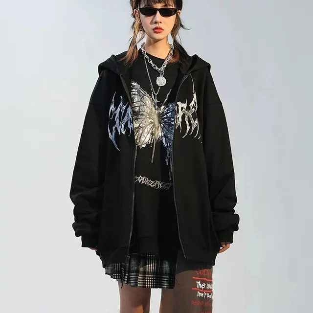 Women Hooded Zipper Alphabet Butterfly Sweater Black - Shop at LoveMi