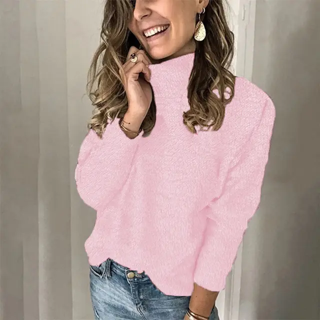 European Beauty New Solid Color Turtleneck Pullover Sweater Pink - Shop at LoveMi