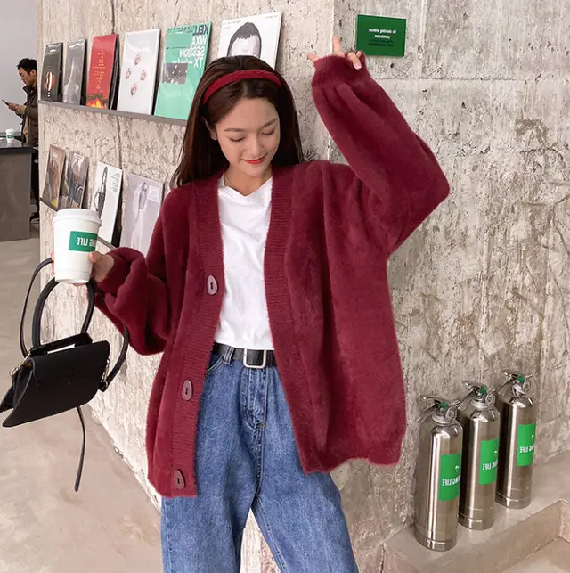 Women's Loose And Lazy Style Mink Fleece Sweater Coat Wine Red - Shop at LoveMi