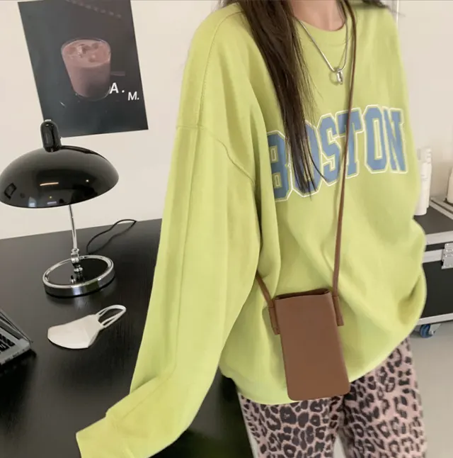 Letter Print Loose Pullover Long sleeved Sweatshirt Fluorescent Green - Shop at LoveMi