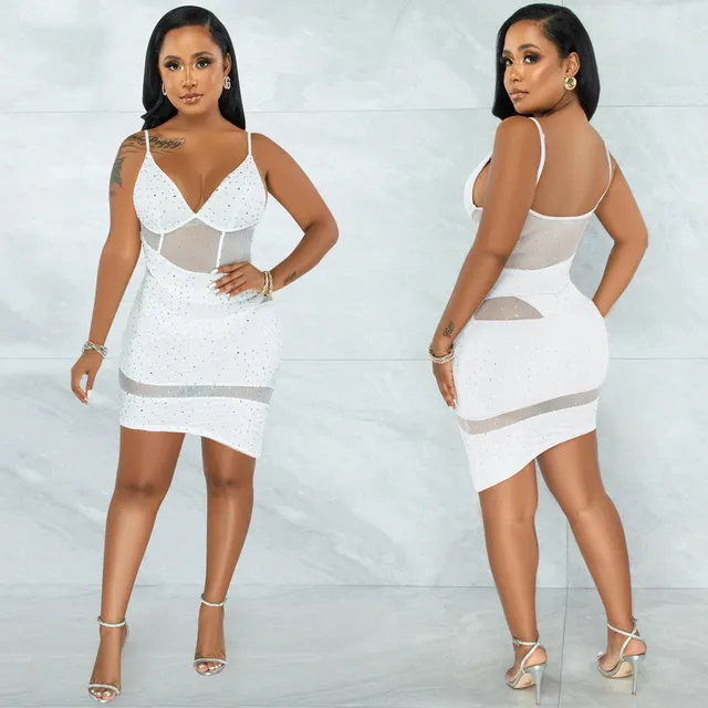 Perspective Nightclub Hot Diamond Sling Irregular Dress White - Shop at LoveMi