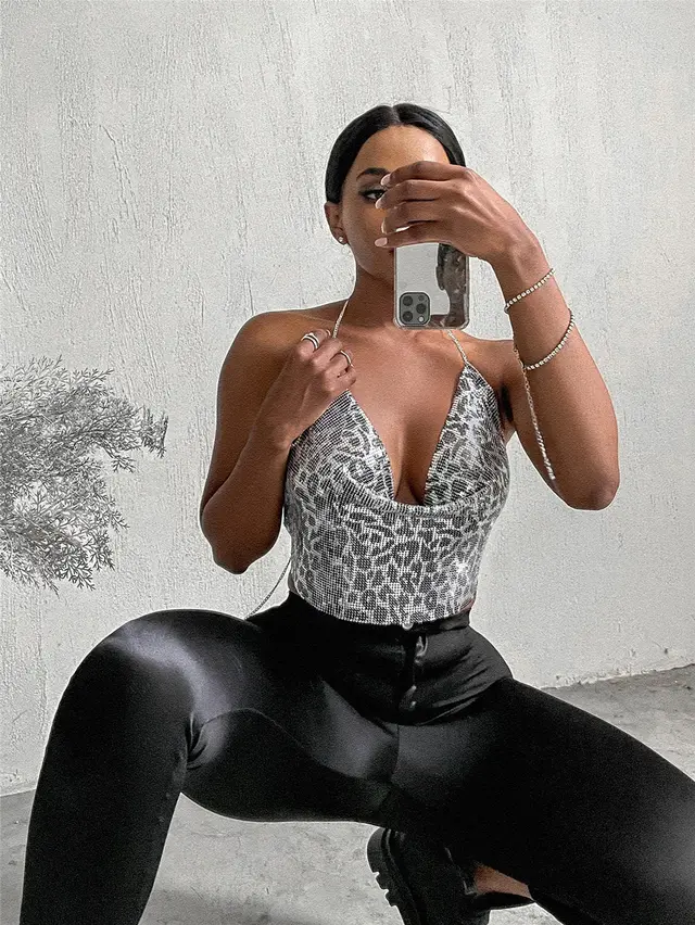 Sexy Metal Sequin Halter Halter Strap Leopard Silver - Shop at LoveMi