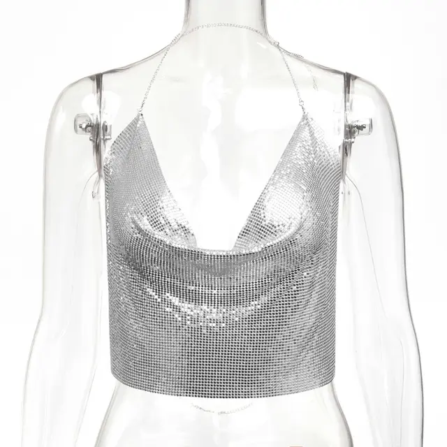 Sexy Metal Sequin Halter Halter Strap Silver - Shop at LoveMi