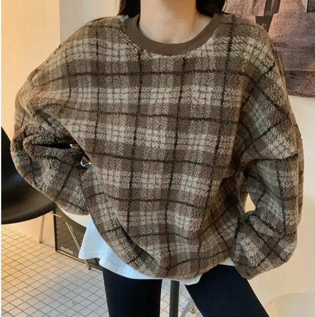Casual Women's Plaid Lamb Wool Padded Sweater Coat Coffee - Shop at LoveMi