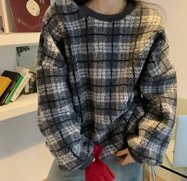 Casual Women's Plaid Lamb Wool Padded Sweater Coat Grey - Shop at LoveMi