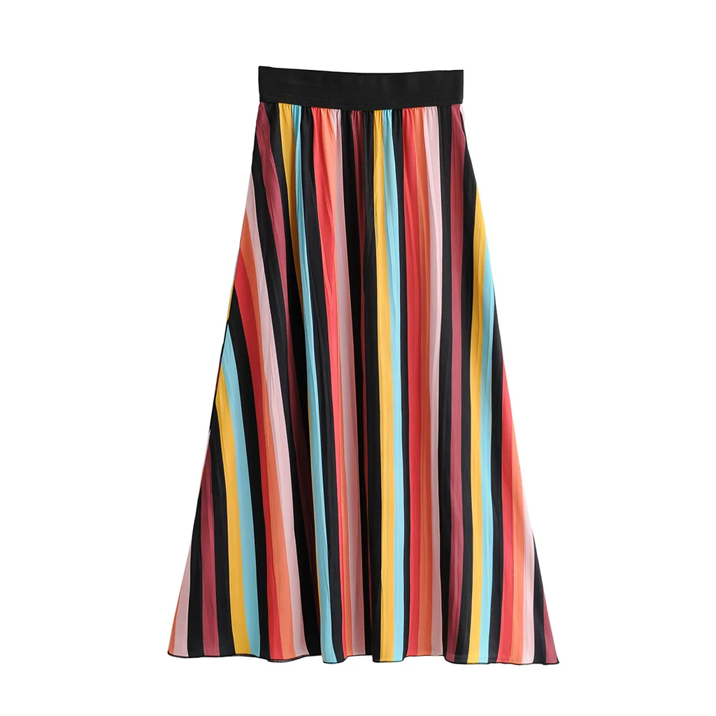 Pleated Skirt With Colorful Stripes And Big Hem Skirt - Colorful - View 1