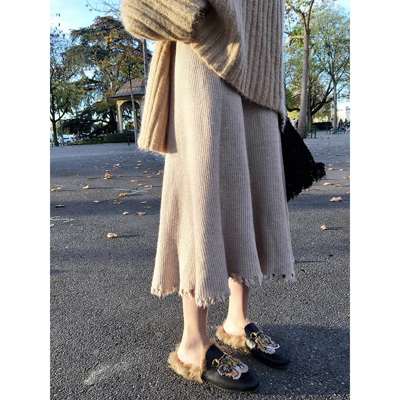 Women's Pleated Skirt Knitted Mid length Slim A line Skirt Apricot - Shop at LoveMi