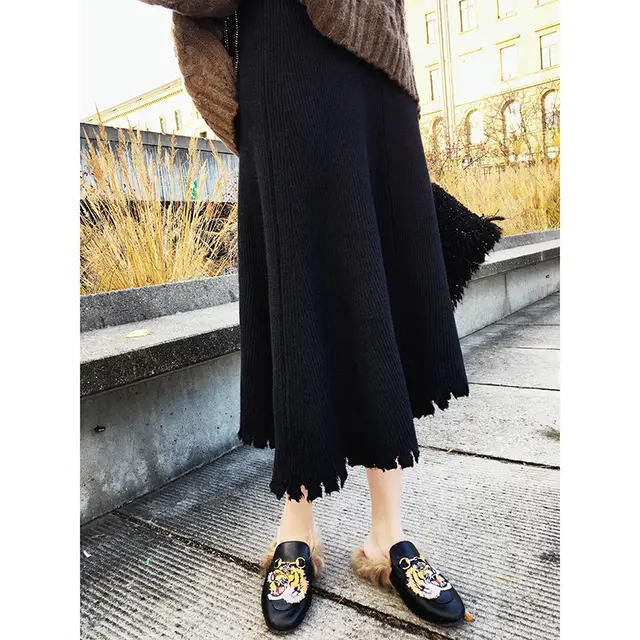 Women's Pleated Skirt Knitted Mid length Slim A line Skirt Black - Shop at LoveMi