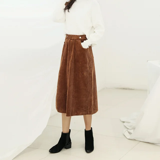 Women's Mid length High Waist Loose A line Skirt Khaki - Shop at LoveMi