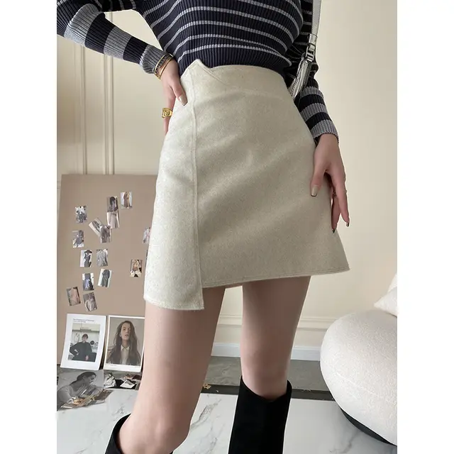 Small Man Buttock Wool Short Skirt Female Beige - Shop at LoveMi