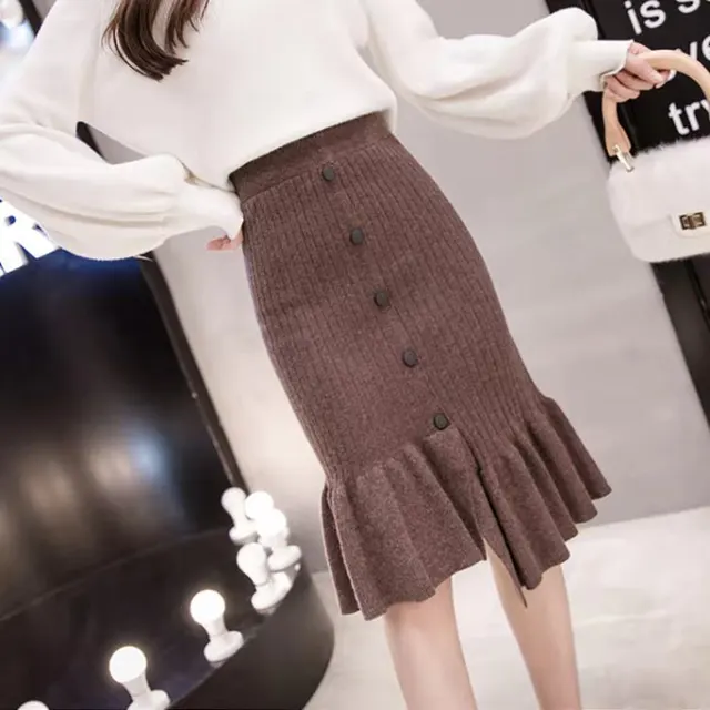 Korean Style High Waist Button Ruffled Hip Skirt Coffee - Shop at LoveMi