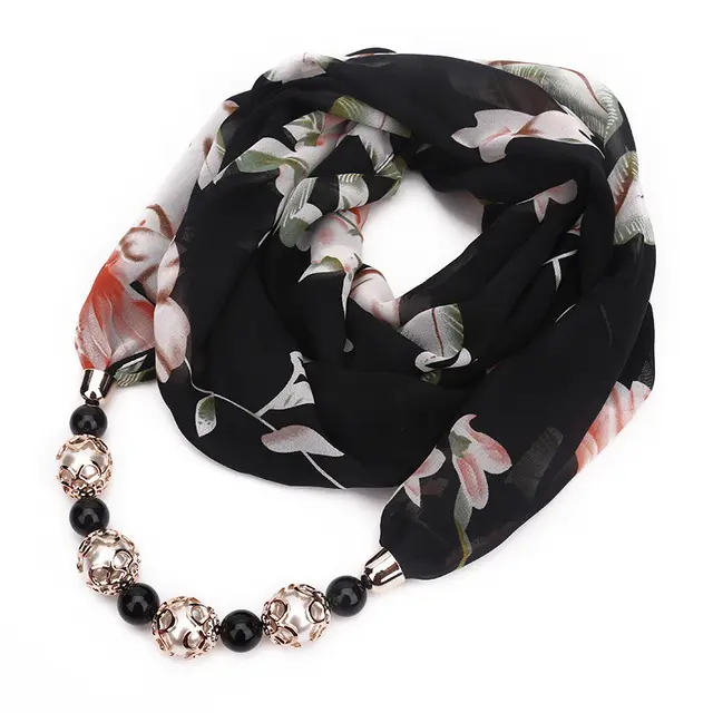 Print Alloy Pendant Scarf Beaded Pendant ScarfPrinted Chiffon Necklace Black - Shop at LoveMi