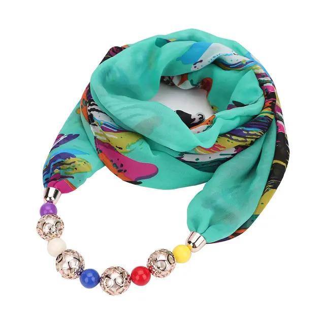 Print Alloy Pendant Scarf Beaded Pendant ScarfPrinted Chiffon Necklace Green - Shop at LoveMi