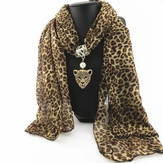 Print Alloy Pendant Scarf Beaded Pendant ScarfPrinted Chiffon Necklace Leopard Head Coffee - Shop at LoveMi