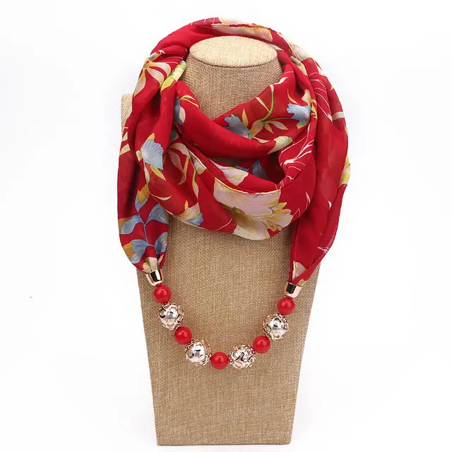 Print Alloy Pendant Scarf Beaded Pendant ScarfPrinted Chiffon Necklace Red - Shop at LoveMi