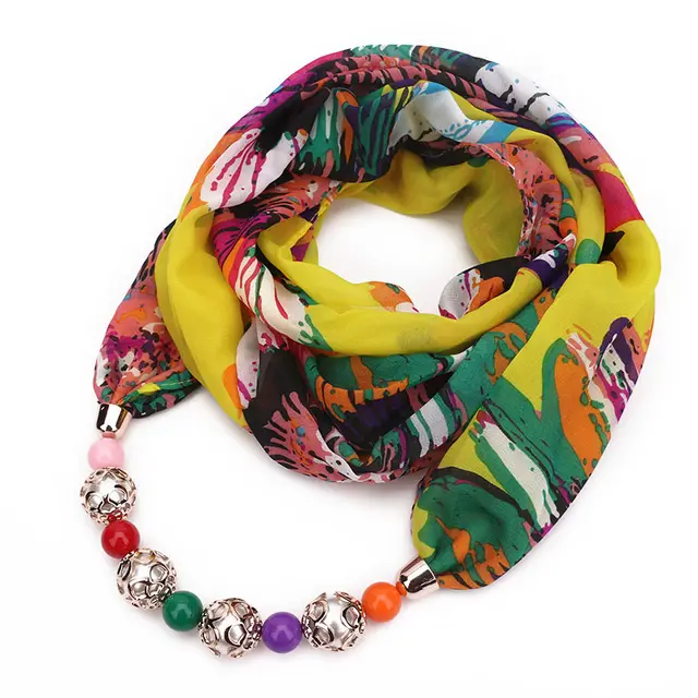 Print Alloy Pendant Scarf Beaded Pendant ScarfPrinted Chiffon Necklace Yellow - Shop at LoveMi