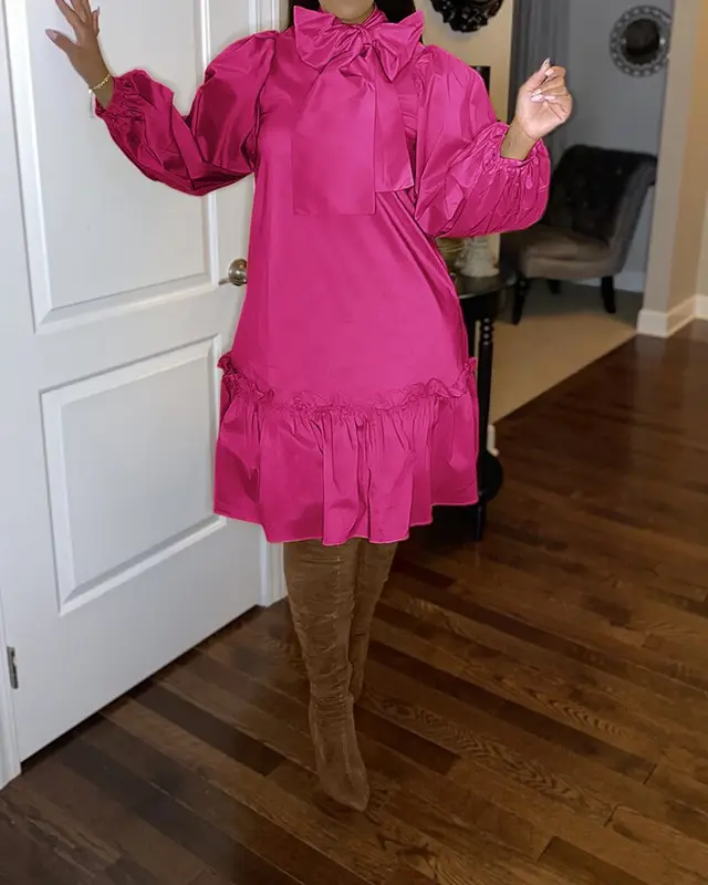 Loose Plus Size Casual Ruffle Dress Rose Red - Shop at LoveMi