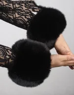Women Furry Sleeve Cuffs Fox Short Wrist Bracelet - Black Rex Rabbit