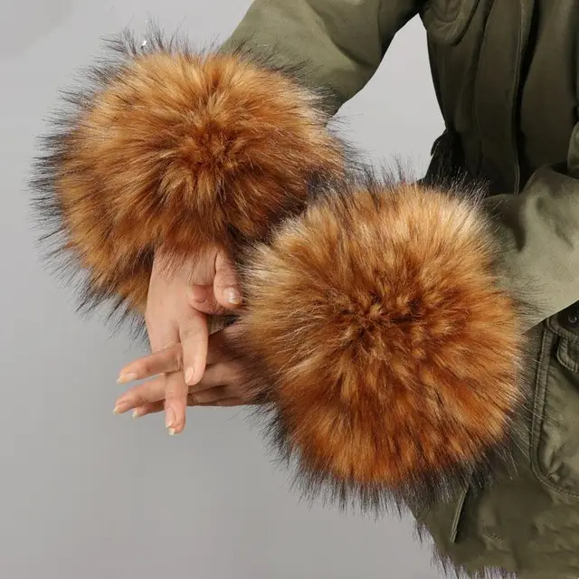Women Furry Sleeve Cuffs Fox Short Wrist Bracelet Camel Jacquard - Shop at LoveMi