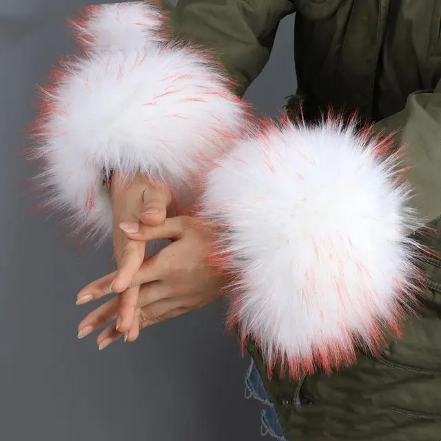 Women Furry Sleeve Cuffs Fox Short Wrist Bracelet Orange Jacquard On White - Shop at LoveMi