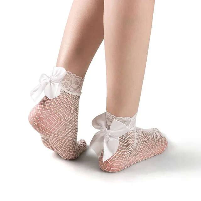 Short Fishnet Socks With Lace Trim And Bow White - Shop at LoveMi