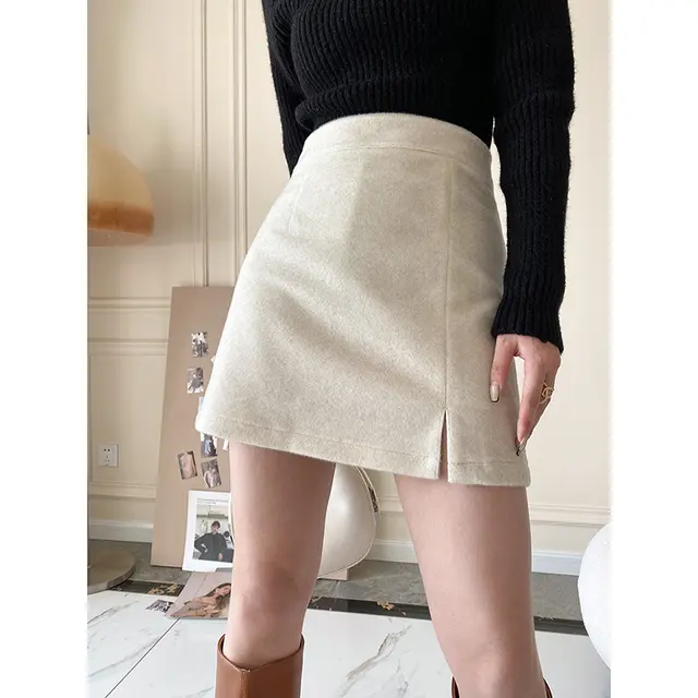Women's Slit Woolen A line Short Skirt Beige - Shop at LoveMi