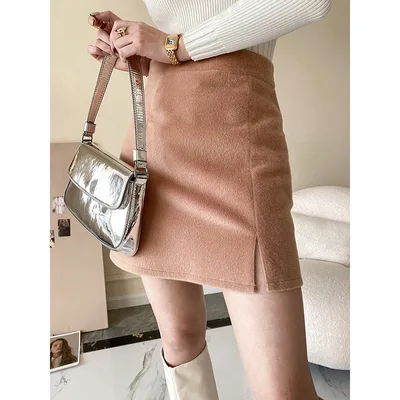 Women's Slit Woolen A line Short Skirt Khaki - Shop at LoveMi