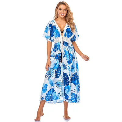 Women's Chiffon Seaside Vacation Beach Sunscreen Bikini Outer Blouse Blue Flowers - Shop at LoveMi