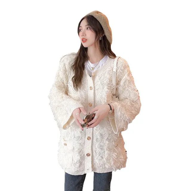 Retro Small Fragrant Wind Crochet Flower Hollow Tassel Cardigan White - Shop at LoveMi