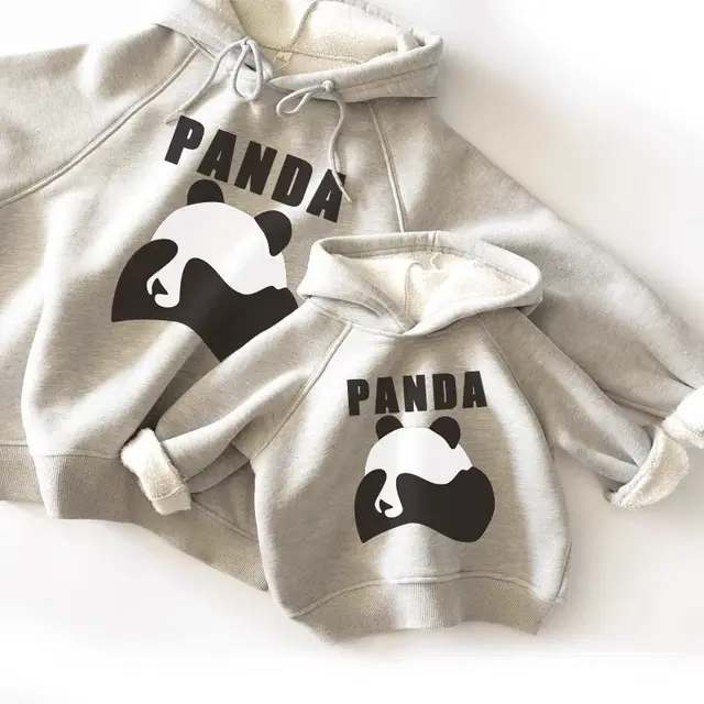 Cartoon Panda Plus Velvet Parent child Hooded Long Sleeves Grey - Shop at LoveMi