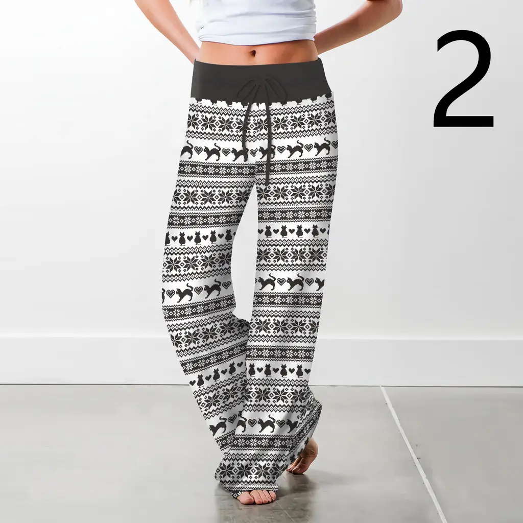Women's Christmas Digital Print Drawstring Wide Leg Pants - 2 Style