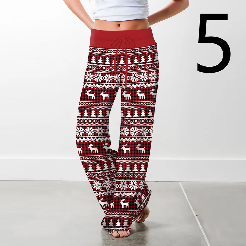 Women's Christmas Digital Print Drawstring Wide Leg Pants 5 Style M - Shop at LoveMi