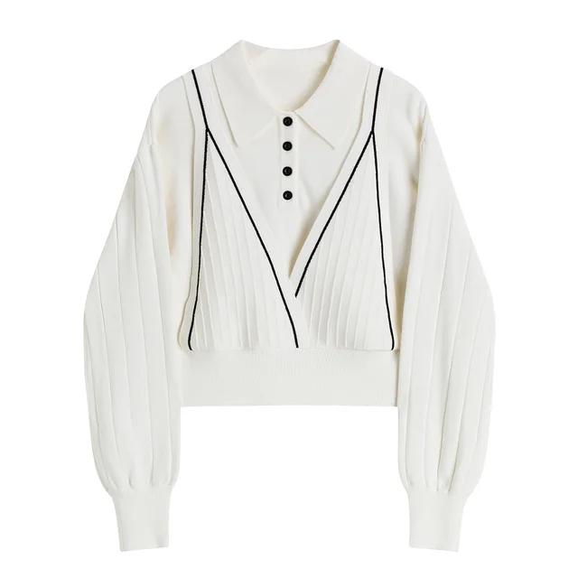 Fake Two piece Sling Sweater Women Polo Collar Knit Top Light Apricot White - Shop at LoveMi